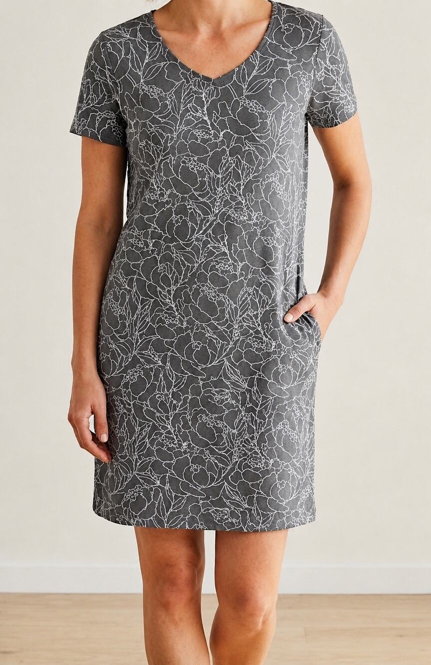 Duluth NoGA Naturale Cotton Short Sleeve Dress Gray Floral XXL Casual UPF 40 NWT